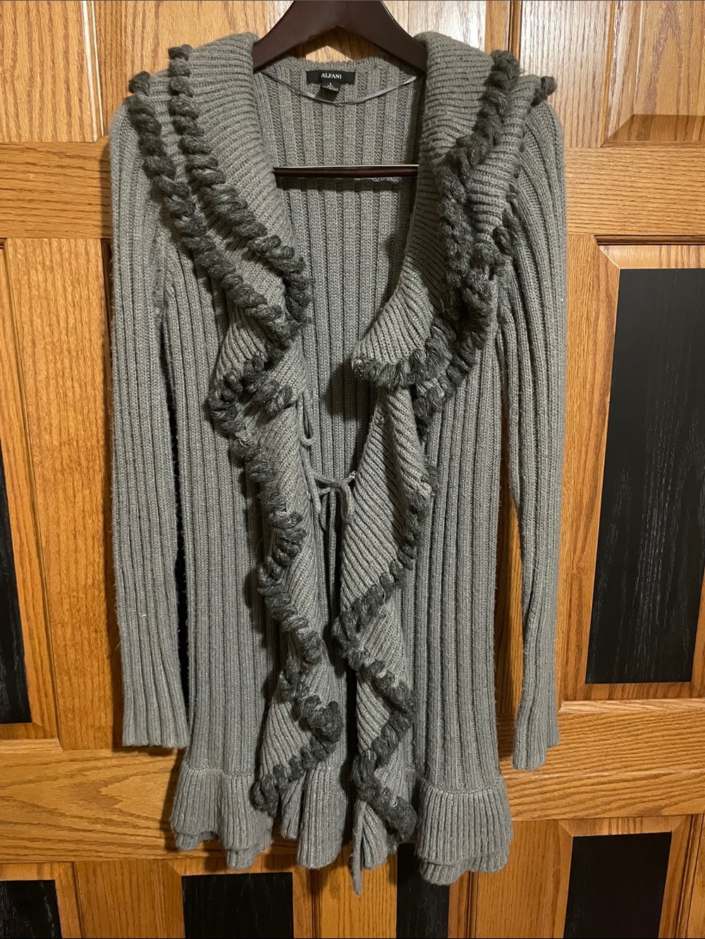 Alfani Gray Ribbed Ruffle Tie-Front Cardigan Sweater